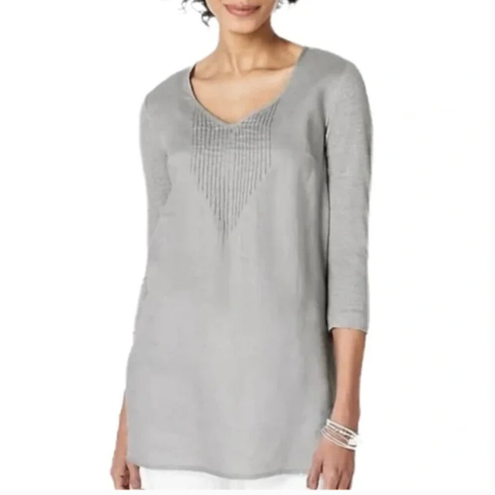 J. Jill Love‎ Linen Gray Mix Media Relaxed Fit Top Size Large